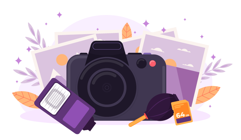 Camera, flash, lens cap, and memory card illustration