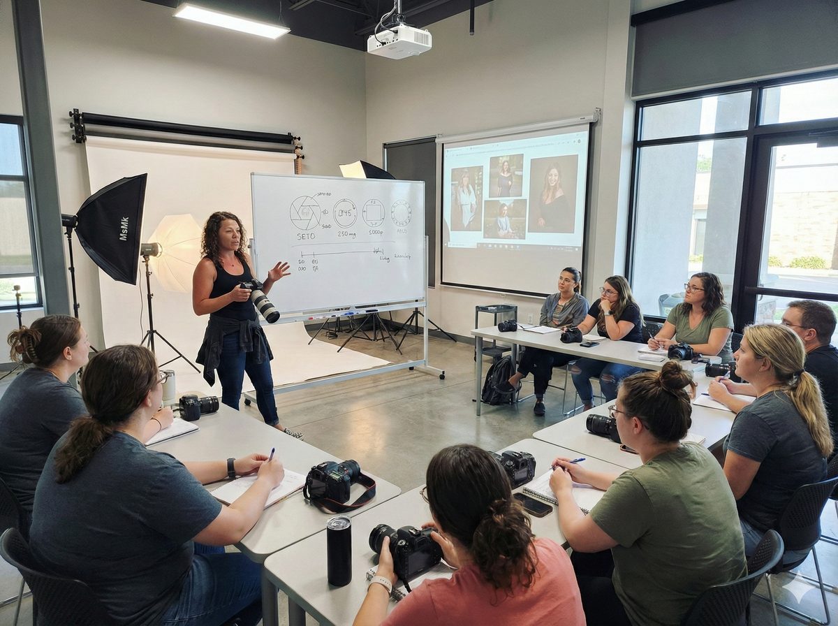 Amanda teaching a photography class at Daylight Artist Collective — students seated around tables with cameras while Amanda presents at a whiteboard